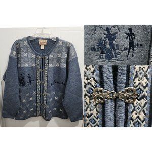 Vtg Woolrich Women's Metal Clasp Sweater 100% Wool Nature Ski Sleigh Blue Size L